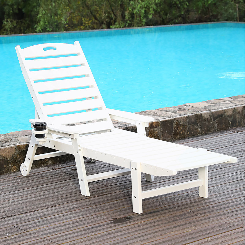 Outdoor Chaise Lounge With 4-Position Adjustable Backrest For Patio, Poolside, Deck, White