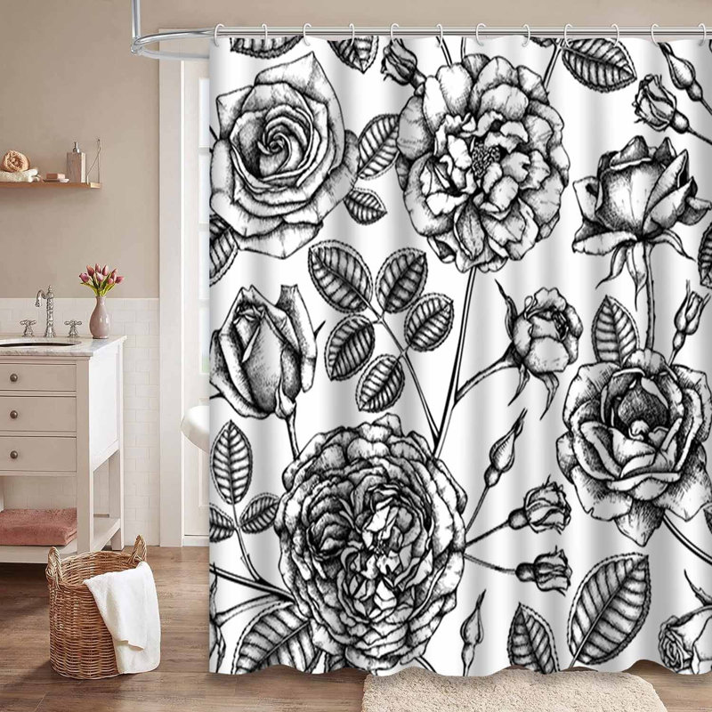 Rideau de douche imperméable à motif floral noir et blanc avec 12 crochets, L 72 po x l 78 po