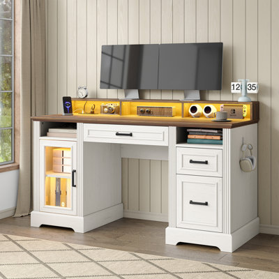 Buckhorn 58"W Computer Desk with Power Outlet and Keyboard Tray,Executive Desk with File Drawer for Home Office
