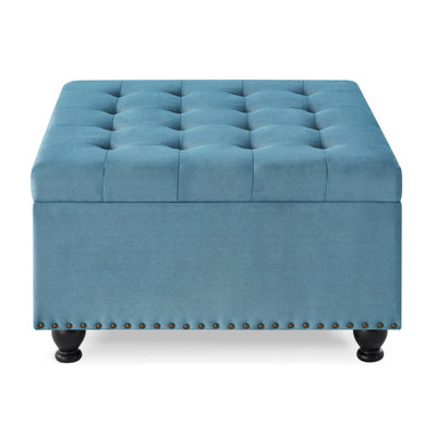 Large Square Storage Ottoman With Wooden Legs, Upholstered Button Tufted Coffee Table With Nail Trims,Light Blue