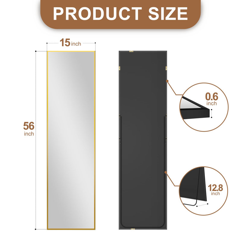 Full Length Standing Mirror, 56X15, For Wall Or Floor Use In Bedroom, Bathroom, Living Room With Aluminum Frame (Gold), Gold