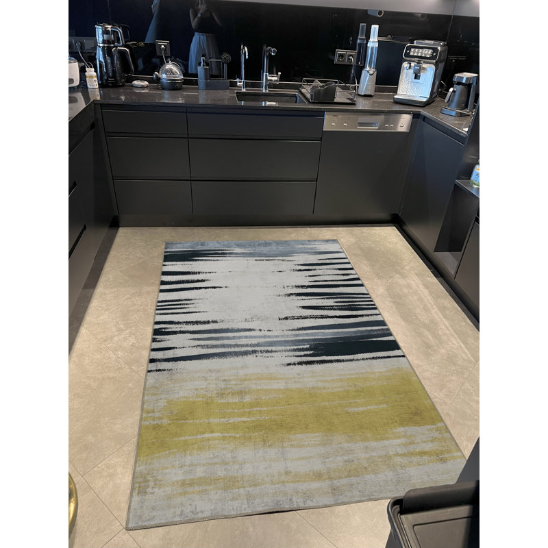 Tapis décoratif moderne jaune-bleu à rayures et vagues, Rectangle 5'1.02" x 7'6.55"