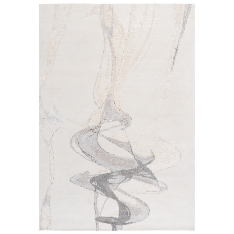 Tapis gris / ivoire en laine noué / soie / coton, Rectangle 6 pi x 9 pi