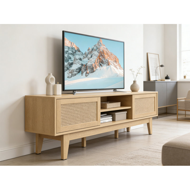 Boho TV Stand For 55 65 Inch TV, Rattan Entertainment Center With Shelves, Cabinets And Sliding Doors, Solid Wood Feet, Cord Holes, Natural