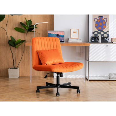 Fauteuil de bureau en velours orange sans accoudoirs avec roulettes - idéal pour le bureau à domicile, inclinaison réglable pour la relaxation, pivot sur 360 degrés, coussin de soutien supplémentaire approprié, confort ergonomique pour le maquillage, hauteur du siège