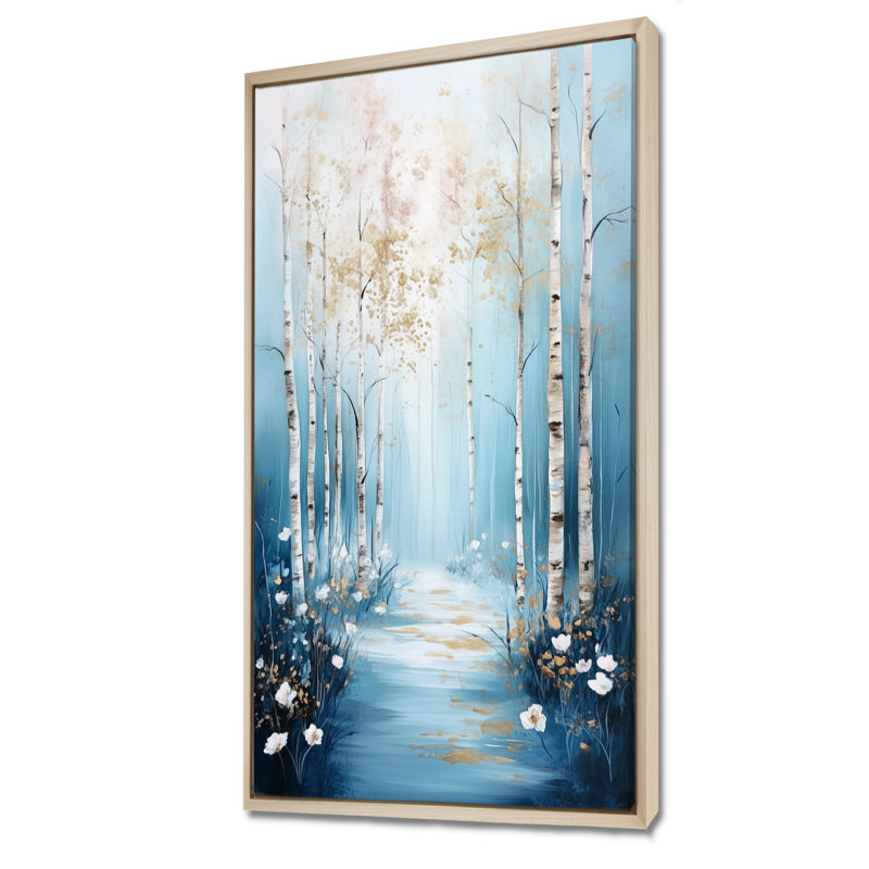 «White Blue Spring Blooms in Birch Tree Forest I - White Nature», reproduction d'art encadrée, 32" H x 24" W