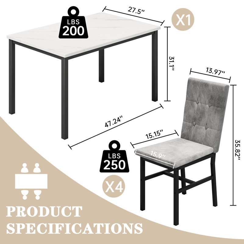 Modern Faux Marble Dining Table Set with Gray Velvet Chairs