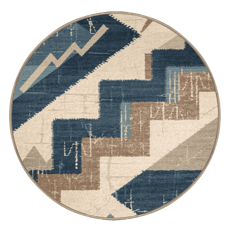 Machine Washable Ottoline Global Inspired Block Print Rug in Gray – Binding, 3' Round