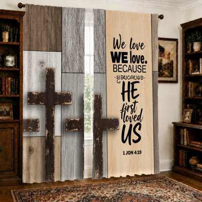 2Pcs Religious Cross curtains, light filtering fabric, rustic wood panel and Christian quote print, sunshade privacy protection, rod-pocket design, suitable for living room, bedroom, kitchen home decoration