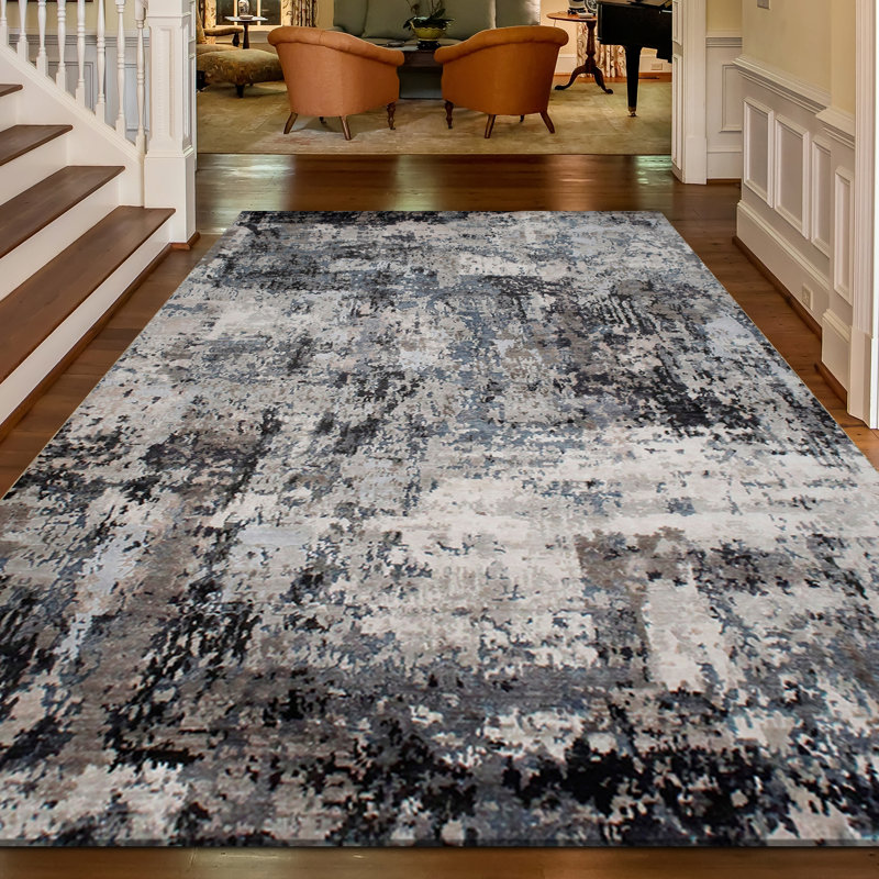 Tapis noir / gris / gris anthracite de haute qualité noué à la main, Rectangle 10 pi x 14 pi