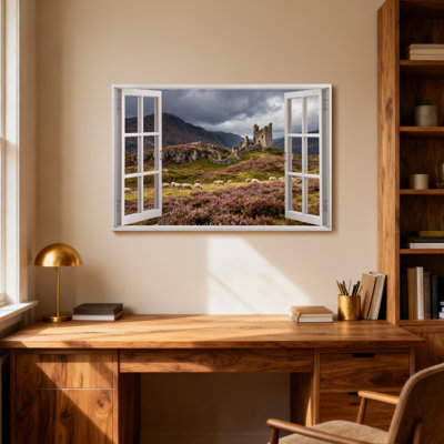 Paysage, nature, château, ruines, montagnes, moutons, champ, bruyères, ciel, fenêtre