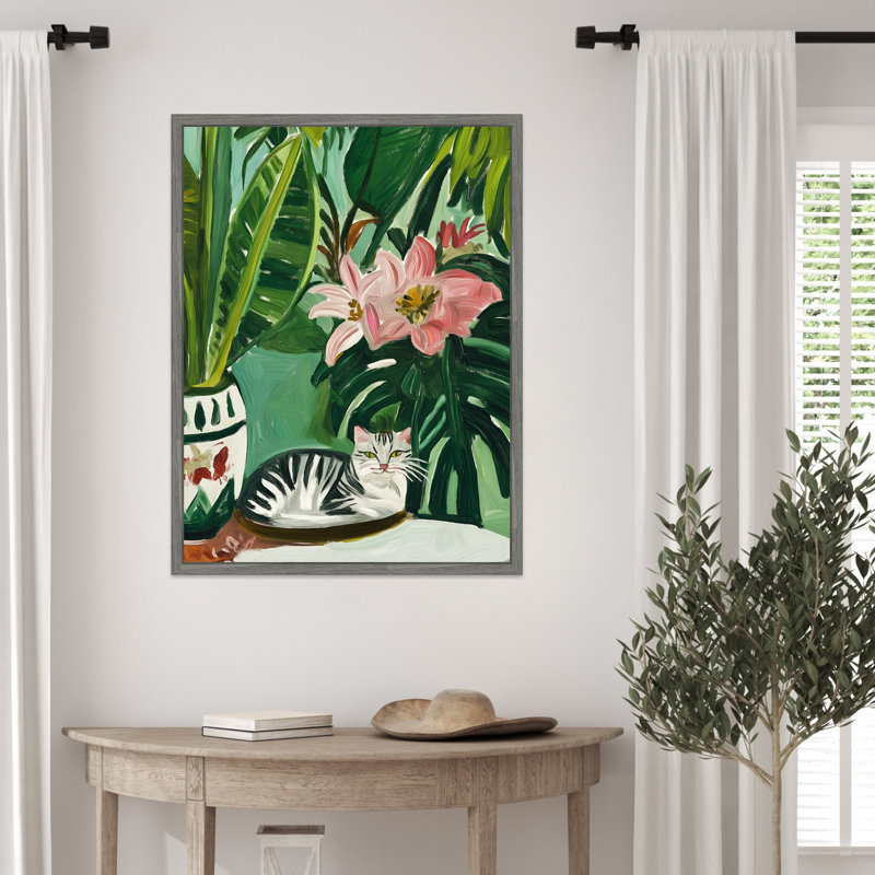 «Tropical Muse With Cat» par Keyshanna, reproduction d'art sur toile encadrée, H 30 po x l 23 po