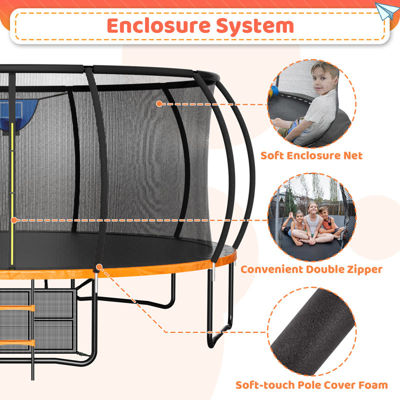 16FT Outdoor Big Trampoline with Basketball Hoop,  LED Light Option, Storage Bag, Anchor Kit, Inner Safety Net, Ladder, Spring Cover Padding, for Kids