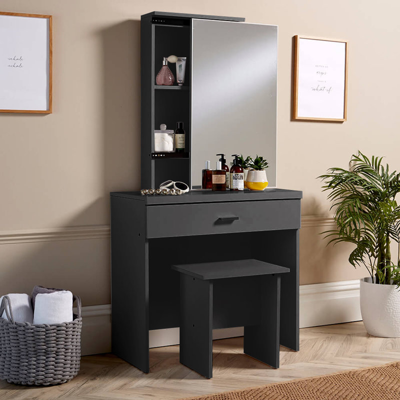 Silender 1 Drawer Dressing Table with Sliding Vanity Mirror and Stool Set, Black