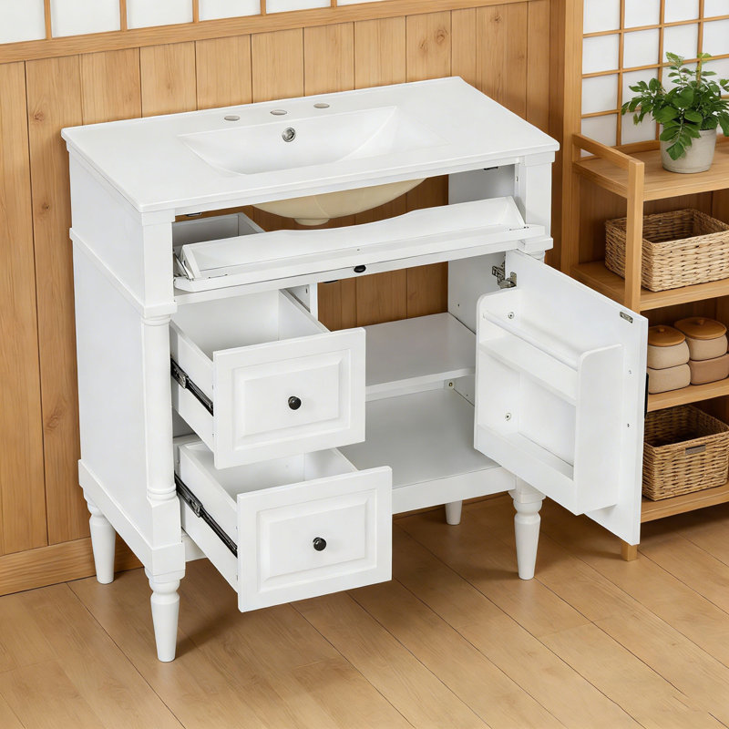 Meuble-lavabo avec lavabo, tiroir rabattable et tablette réglable, Blanc