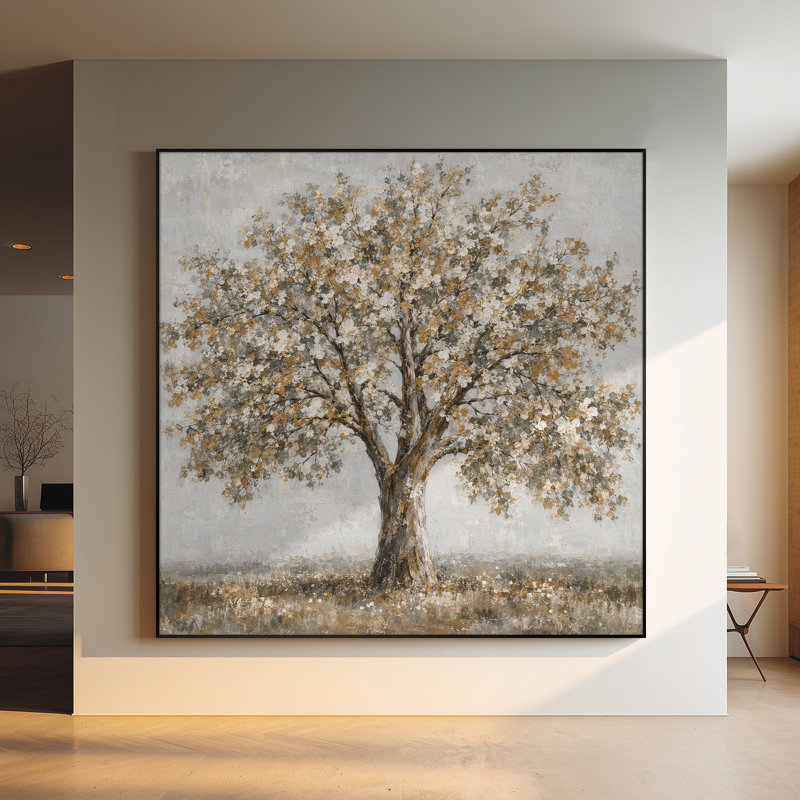 Impression sur tissu grand format - Motif arbre fleuri or et blanc neutre pour salon ou chambre - « Assemblage du cadre requis (cadre non fini) »