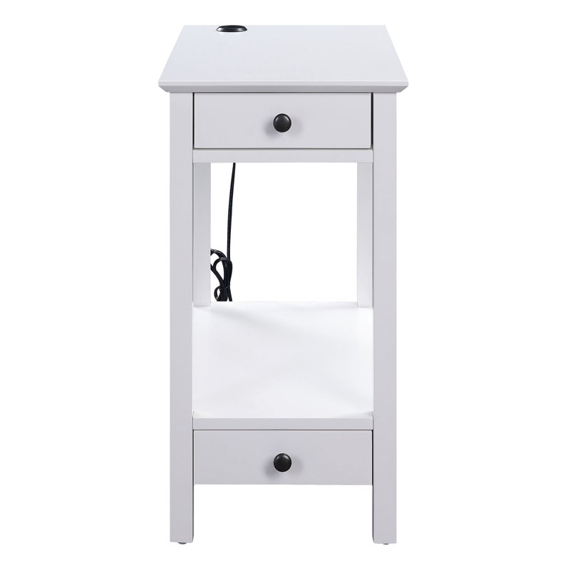 Table d'appoint blanche avec charge, 2 tiroirs et options de rangement polyvalentes