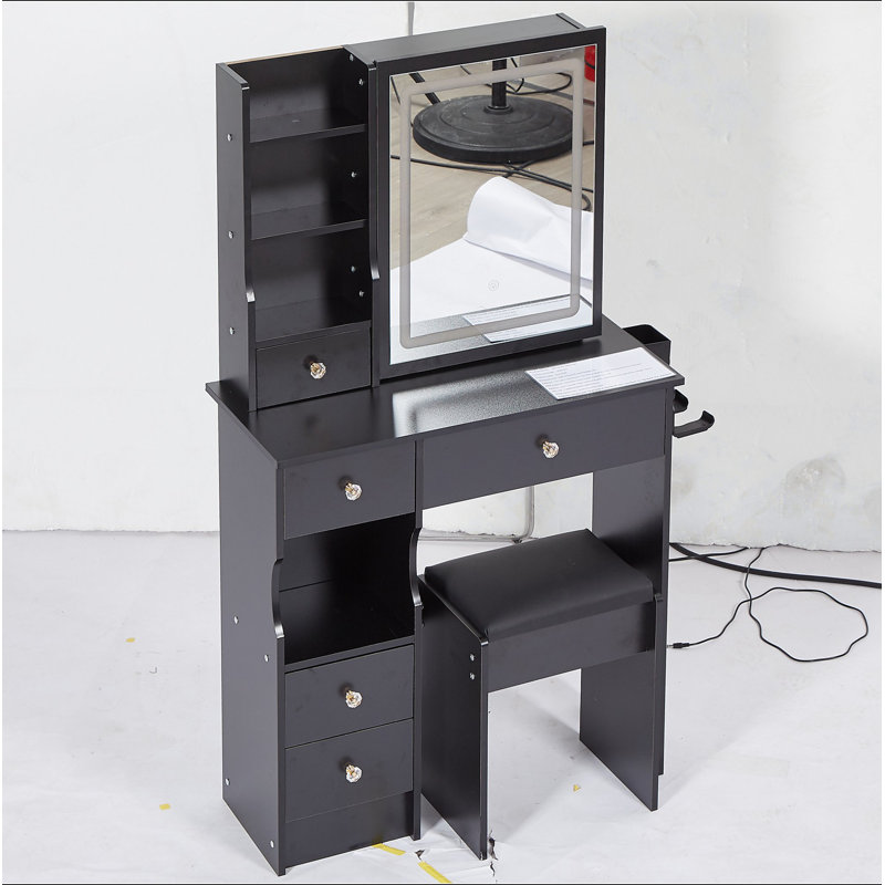 Petit meuble-lavabo de 29,2 po avec tiroir à gauche + tabouret rembourré, 2 blocs d'alimentation CA + 2 ports USB, support pour sèche-cheveux, très grand miroir coulissant à commande tactile à DEL, réglage de la luminosité tricolore, réglage de la luminosité