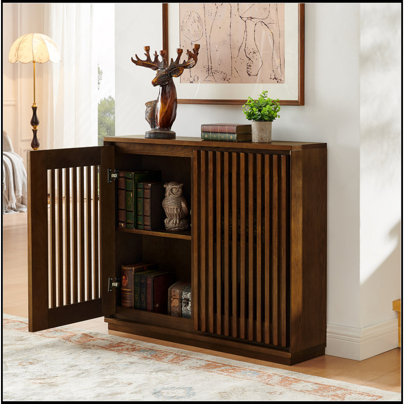 Mid Century Modern Fluted Hollowed Out Sideboard Cabinet With 2 Outlet Holes, Buffet Cabinet With Storage, Storage Cabinet For Living Room, Entryway, Hallway, Dining Room, Kitchen