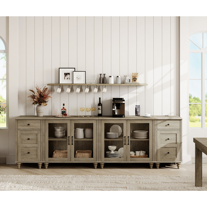 Scarlett Sideboard Cabinet with 4 Glass Doors and Multiple Drawers, Wash Gray