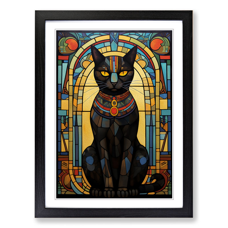 XYZ-FRM-V1223-599 Egyptian Cat Nouveau No.2 - Single Picture Frame Print on Wood, Black, 64cm H x 46cm W x 2cm D