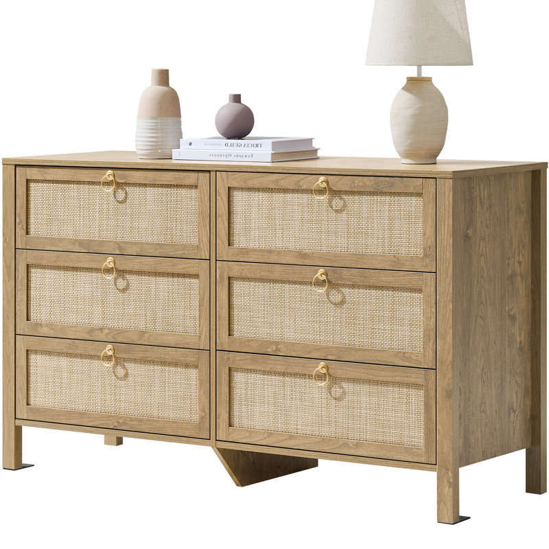 Pomodoro 51" W Rattan 6-Drawer Dresser With Golden Handles — Coastal Boho Bedroom Storage Chest, Carbon Cherry