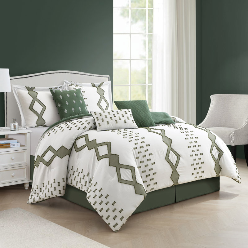 Ensemble d'édredon géométrique 7 pièces Pantissa, Blanc vert, Édredon de grande taille et 6 pièces supplément