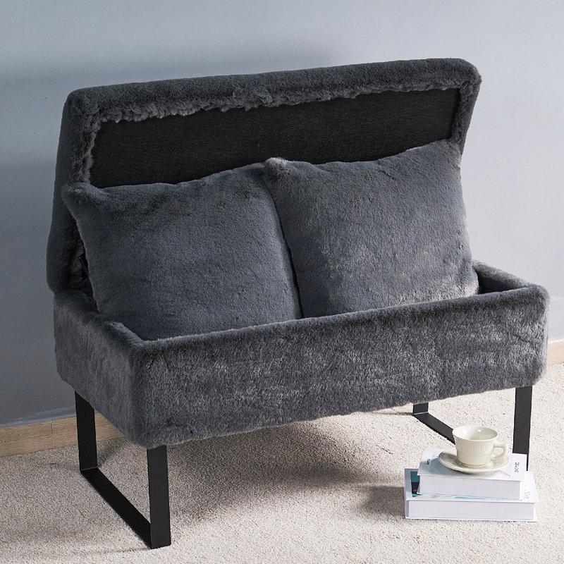 Lovitto Upholstered Ottoman, Charcoal Faux Fur