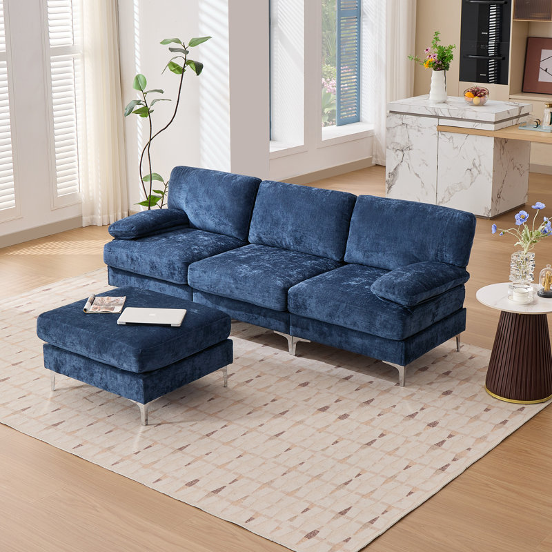 4-Piece 92.1"W Modular Sofa Sectional With Ottoman, Blue
