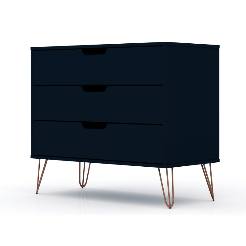 Commode anglaise 3 tiroirs Mid-Century Rockefeller, Bleu minuit Tatiana