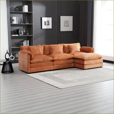 Canapés modulaires en chenille surdimensionnée en L surdimensionné à 3 places avec pédale mobile & amp; Accoudoirs détachables | Chenille | Orange