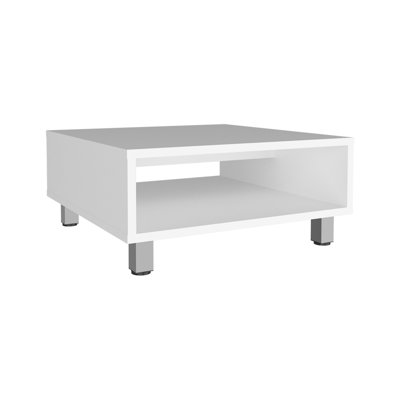 White Square Coffee Table With Open Shelf, 10" H, And Stylish Shelf In White, 10.5" Minimalist Look