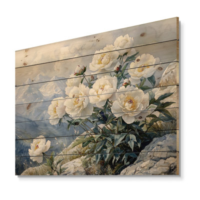 Pivoines près de la crête de montagne I - Art mural en bois pivoines - sur bois de pin naturel