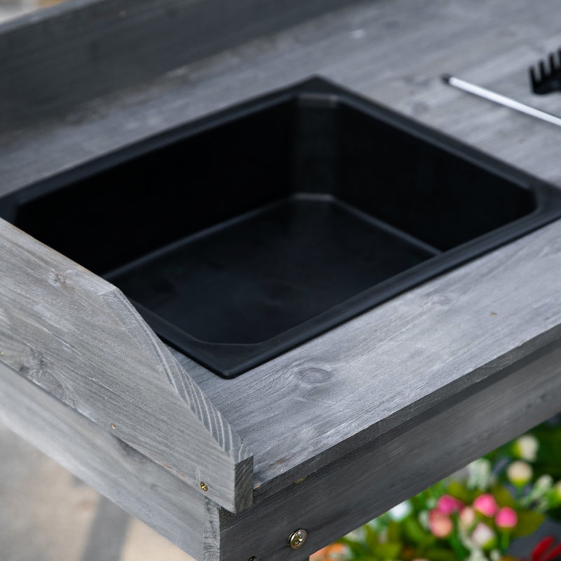 36'' Wooden Potting Bench In Gray With Removable Wheels, Sink, Drawer & Generous Storage Capacity - Desk Movable Abundant Area Garden Work Table