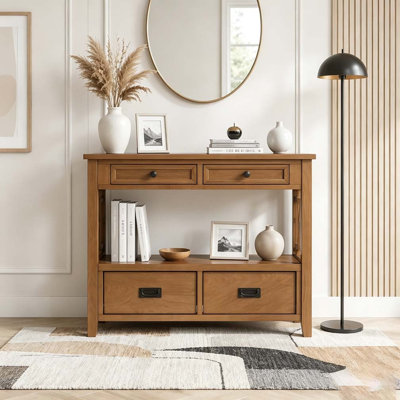 36'' Farmhouse Pine Wood Console Table Entry Sofa Table with 4 Drawers & 1 Storage Shelf