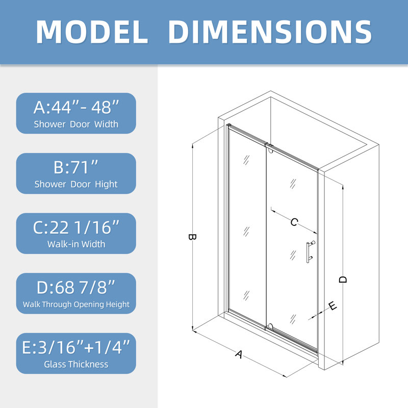 44-48" W x 71" H Pivot Glass Shower Door, Frame Swing Shower Door with 1/4"(6mm) Clear SGCC Tempered Glass, Matte Black Finish, Reversible Installation