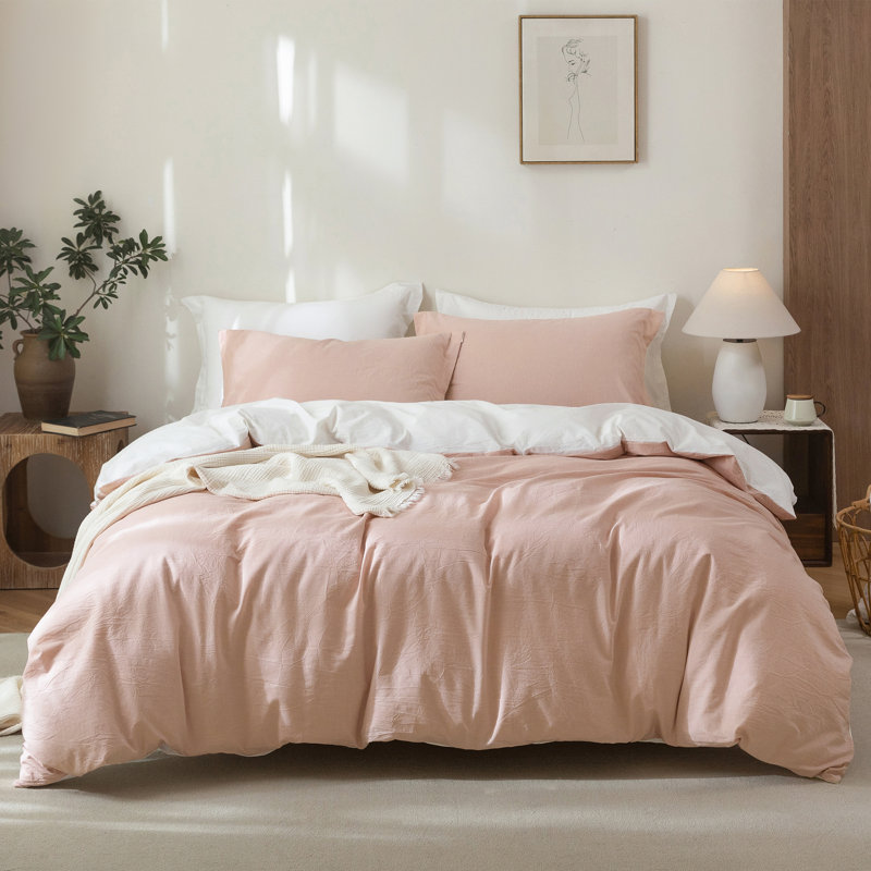 Ensemble de housse de couette 100% coton lavé Solayne avec texture de faux chanvre, couleur unie, fermeture à glissière et attaches de coin