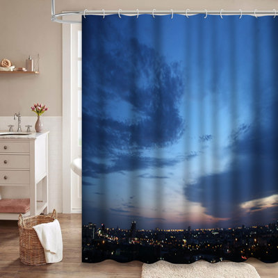 Dark Blue Cloud White Light Sky City Evening Time Dark Blue White Shower Curtain with 12 Hooks