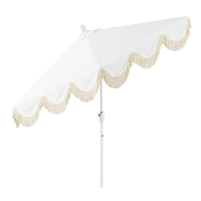 Parasol d'extérieur à frange bohémienne de 9 pi avec manivelle et inclinaison Collins, auvent blanc résistant aux rayons UV, mât blanc