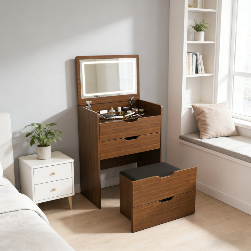 Bureau de coiffeuse 3 en 1 avec miroir éclairé et tabouret, coiffeuse à plateau rabattable, rangement compact, Brun