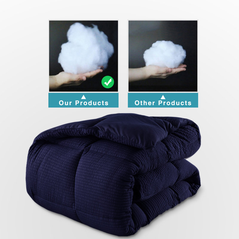 All Season Down Alternative Quilted Comforter Set-Soft Microfiber Seersucker Bedding Set Textured, Navy