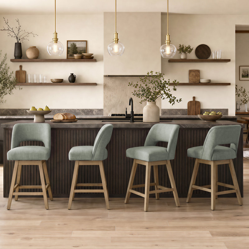 Ensemble de 4 tabourets de bar pivotants de 26 po de hauteur, siège rembourré en polyester sur structure en bois massif, 4