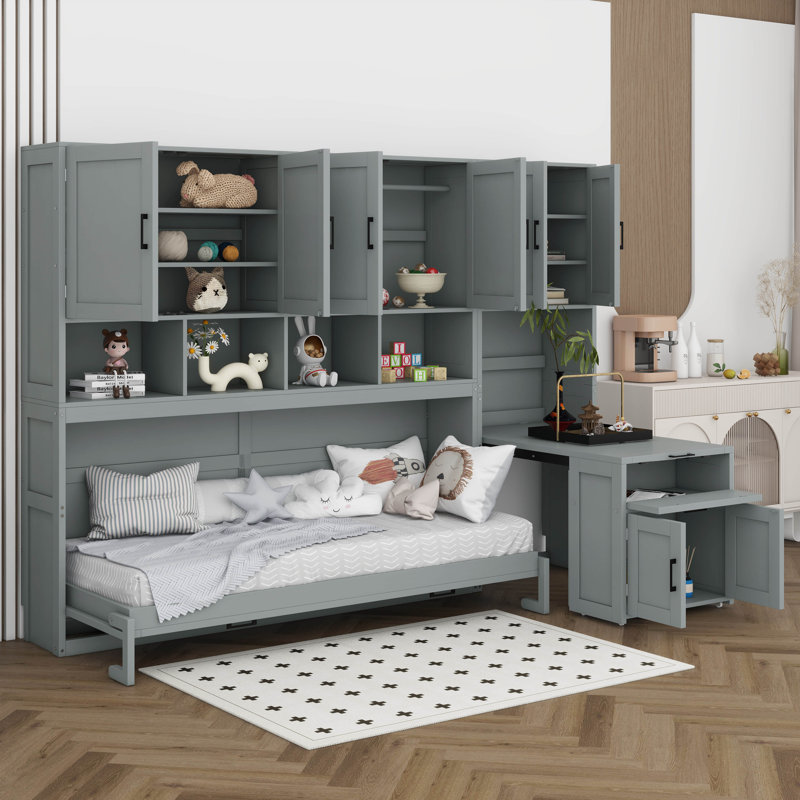 Twin Size Murphy Bed Cabinet With Desk, Closet, Storage Drawers Lockers & Shelves, Gray