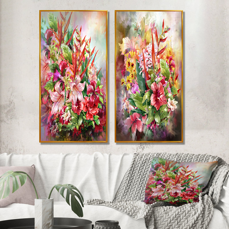 Ensemble de 2 peintures sur toile rétro multicolores printanières, H 40 po x l 40 po x P 1 po, Cadre flottant doré