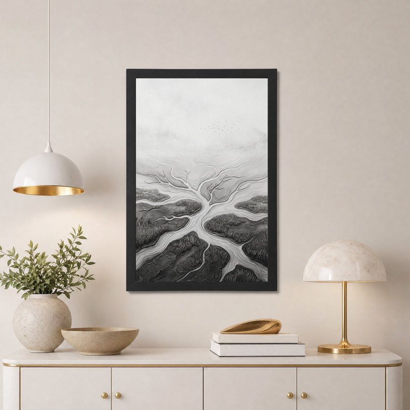 «Black and White River Delta with Birds», art mural sur toile, H 24 po x l 16 po