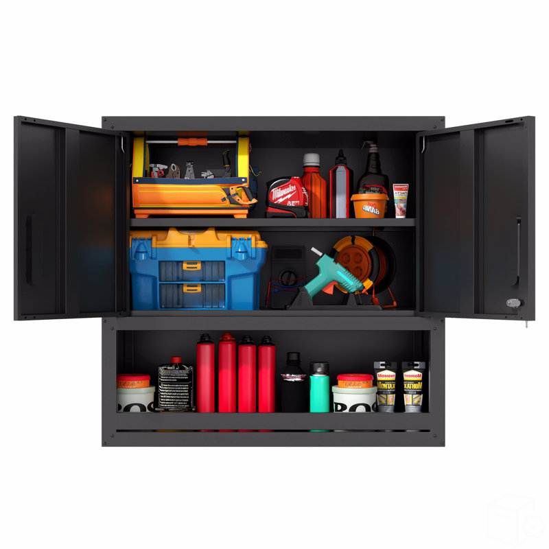 Armoire de rangement murale en métal avec porte verrouillable et 1 tablette 1 tiroir ouvert