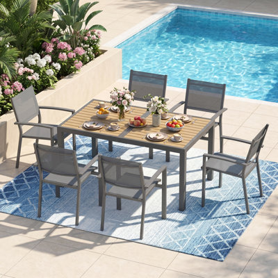 7-Piece Outdoor Dining Set, 6-Person Outdoor Table and Chairs with Rectangular HDPS Top & Weather-Resistant Metal Frame, All-Weather Patio Dining Set for Backyard, Deck, Garden