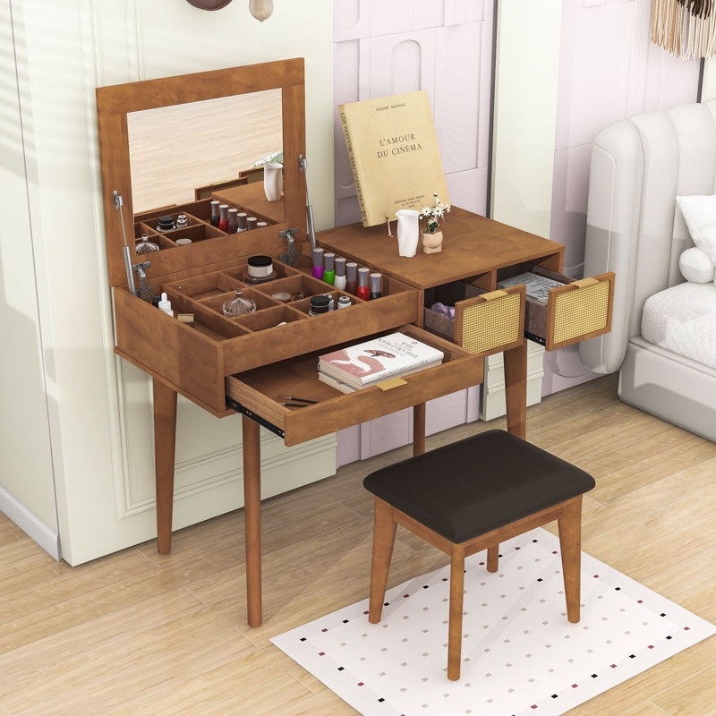 Wood Makeup Vanity Set with Three Drawers, Upholstered Stool and Mirror, Brown