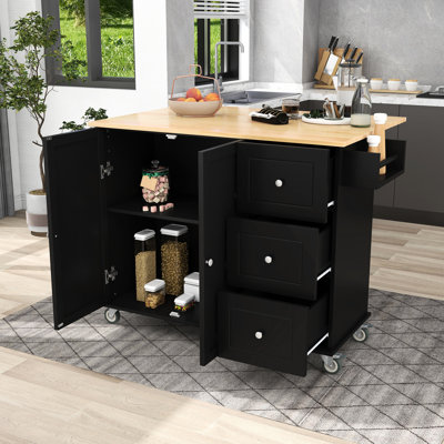 Îlot de cuisine roulant en noir avec terrasse en bois massif, roues verrouillables et tiroirs de rangement Îlot polyvalent: plateau, roulettes, rangement, bureau de préparation pour abattant