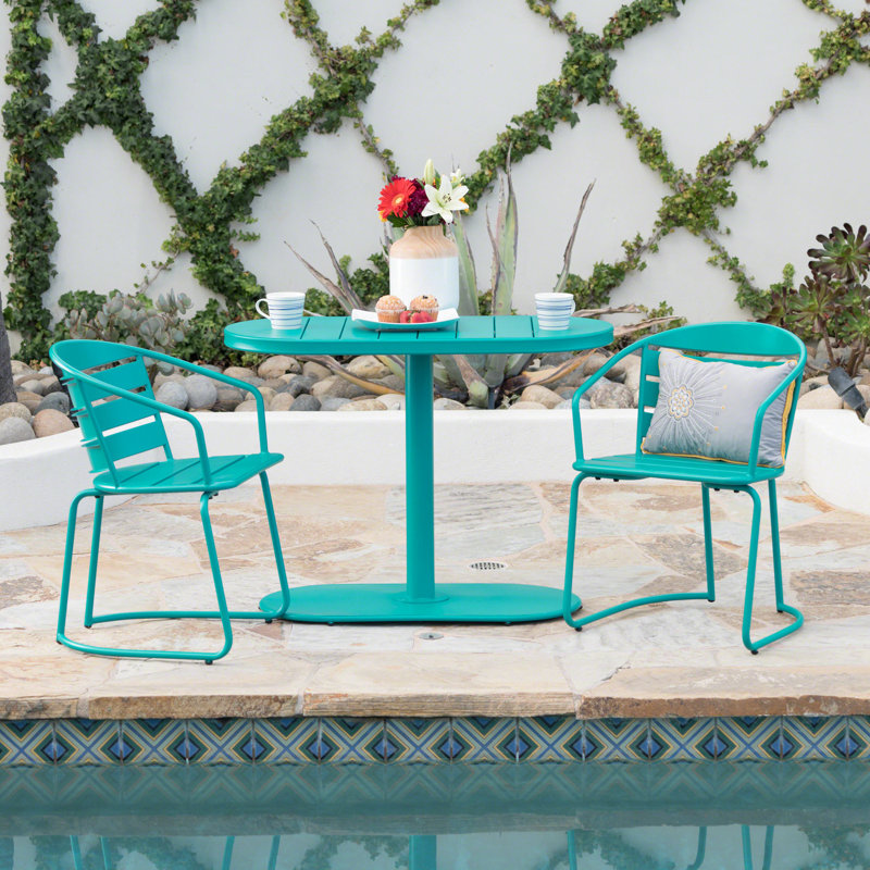 Bistro en fer pour patio - bleu sarcelle mat, 2 chaises et table ovale et table élégante au fini bleu sarcelle